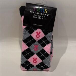 Breast Cancer Awareness Argyle Knee High Socks